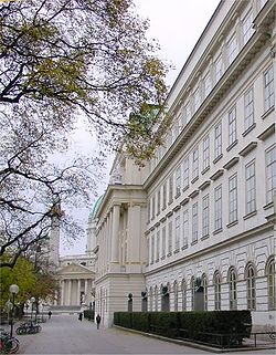 Front view of the main old building of the Vienna University of Technology towards the Karlskirche