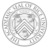 The academic seal of Rice University. A shield divided by a chevron, carrying three owls as charges, with scrollwork saying "LETTERS", "SCIENCE", "ART".